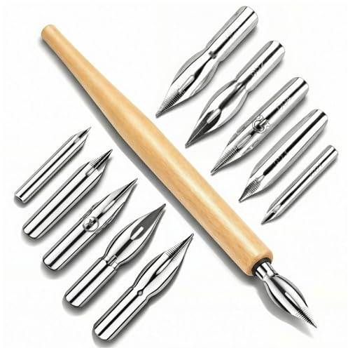 G-Pen Tintenfeder Edelstahl Zeichen-Comic-Stiftfeder,11-teiliges Comic-Stiftfeder-Set,Dip-Pen-Federhalter mit Comic-Stiftfeder, Kalligraphie-Zeichenstifthalter aus Holz mit Edelstahl-Stiftfeder