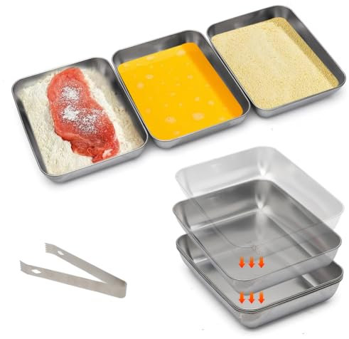 CEWROM Set de 3 Bandejas para Rebozar Acero Inoxidable con Clip - Bandejas Apilables para Empanar, Perfectas para Carnes, Pescados y Verduras, Fáciles de Limpiar y Almacenar