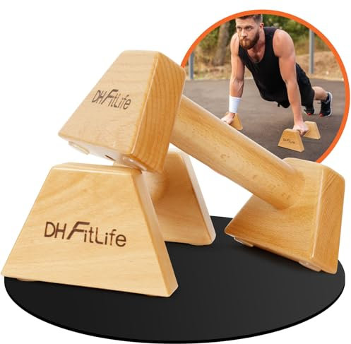 DH FitLife Liegestützgriffe aus Holz - 2x gelenksschonende & rutschfeste Handstand-Griffe | Parallettes | Dip Barren | Push-Up Bars | Calisthenics Equipment für Strength Training | Indoor & Outdoor