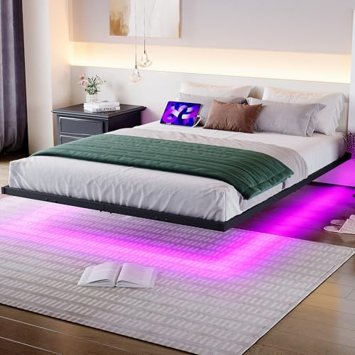 HOJINLINERO Säng 140 x 200 med LED-belysning och laddningsstation, sängram, 140 x 200 cm, svävande säng, ungdomssäng, metallsäng med ribbotten, dubbelsäng, robust och stabil, gästsäng, enkel montering