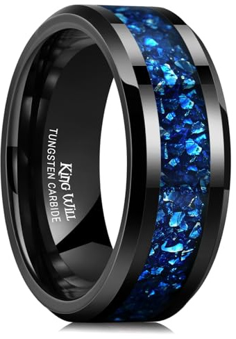 King Will Fede nuziale da uomo in carburo di tungsteno, 6 mm, 8 mm, nero/argento, con intarsi a frammenti, bordo smussato, Z+1(69.74mm), Carburo di tungsteno, Nessuna pietra preziosa