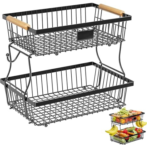 Portafrutta a 2 Ripiani in Metallo, Cestino Portafrutta a 2 Ripiani, Cestino per la Frutta Rimovibile, Fruttiera Moderna con Maniglie in Legno, Include 2 Ganci, Adatto per Snack, Verdure e Pane