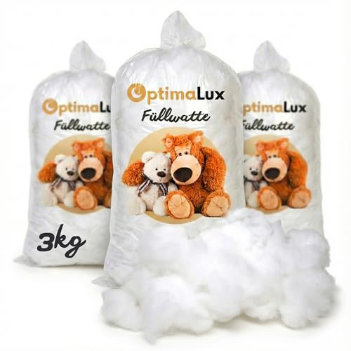 Optima Lux 3kg Füllwatte Hochflauschig – Premium Füllmaterial für Kissen, Kuscheltiere, Amigurumi & Bastelwatte – 100% Polyester Fasern, Waschbar, Formbeständig, Stopfmaterial Weiß (3 x 1000g)