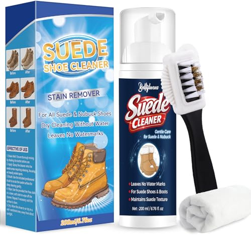 Bellifluous Limpiador Zapatillas, Limpiador Zapatos Ante, 200ml Suedes Cleaner para Zapatillas Nobuk Botas, Limpiador Zapatillas Blancas Con Cepillo y Toalla, Elimina Suciedad Manchas y Marcas de Agua