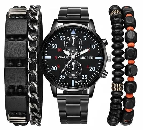 5 Piece Men's Quartz Watch Chronograph Style and 4 Bracelet - Set - Black. Beaded, Leather and Chain Bracelets
