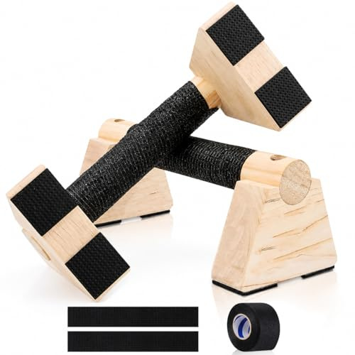 Lighterday 1 par de asas de empuje hacia arriba, barras de parallettes de madera, equipo de calistenia con envoltura de algodón antideslizante, tabla de empuje con almohadillas de base de goma, asas