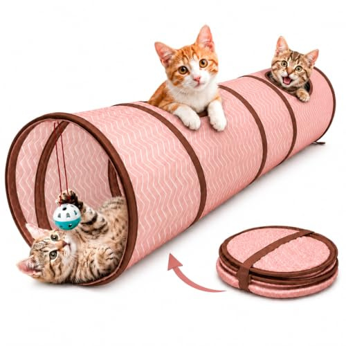 Pet Ville® Kattunnel 120 cm | vikbar prasseltunnel för katter | lektunnel för bostadskatter | kattleksak självaktivitet | med lekboll | beige