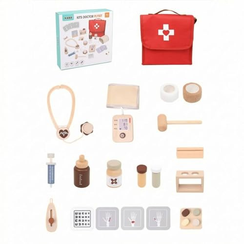 PETSOLA Kit Dottore Legno con Accessori Medici Kit Medico Bambini Colori Rosso con Dettagli Bianchi Set Dottore Giocattolo