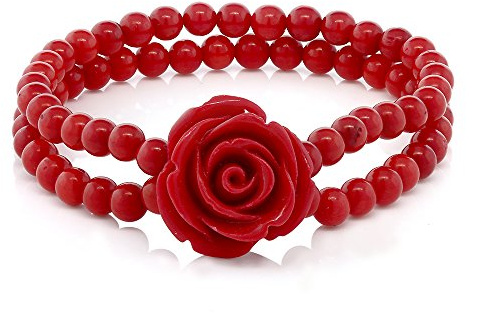 Gem Stone King 7 Inch Red Simulated Coral Bead Rose Flower Stretch Bracelet For Women 5mm