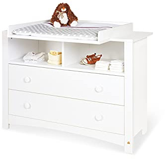 PINOLINO Wickelkommode Florentina extrabreit, mit abnehmbarem Wickelaufsatz und 3 Möbelknopf-Sets, für Babys und Kleinkinder, aus weißem Dekor