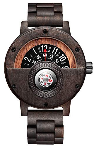 GORBEN Orologio al quarzo da uomo, in legno naturale, con bussola, realizzato a mano, leggero, con confezione regalo, Bracciale