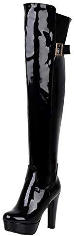 MISSUIT Damen Lack Overkneestiefel High Heels Blockabsatz Boots Plateau Stiefel mit Schnallen und Reißverschluss(Schwarz,39)