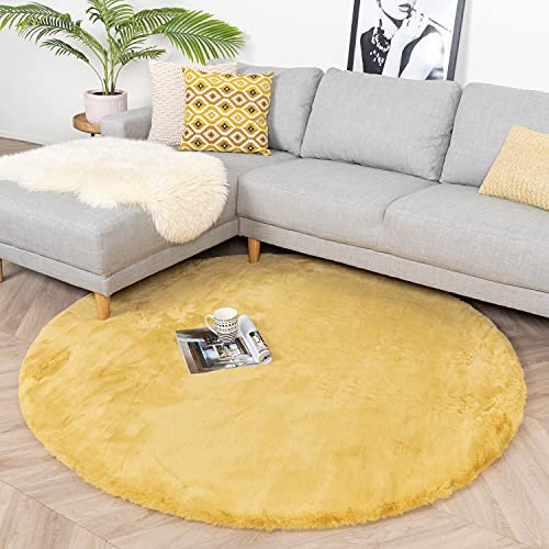FRAAI | Home & Living Hochflor Teppich Rund - Comfy Supreme Gelb - Shaggy, Einfarbig - Modern, Skandinavisch - Wohnzimmer, Esszimmer, Schlafzimmer - Fellteppich - Carpet