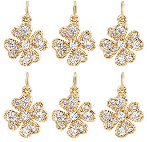 Beebeecraft 6 Stück/Box Vierblättriges Kleeblatt Charms 18 Karat Vergoldetes Messing Viel Glück Anhänger Zirkonia St. Patrick's Day Kleeblatt-Anhänger Für Halsketten Armband Ohrringe