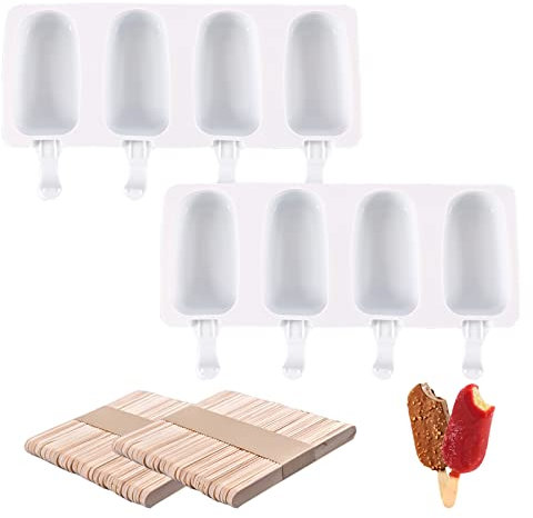 2 Pezzi Stampi per Gelato a 4 Cavità, Stampi per Ghiaccioli, Stampi per Gelato Ovali in Silicone Riutilizzabili per Gelato Fatto in Casa Fai-da-Te, Yogurt (100 Bastoncini di Legno)