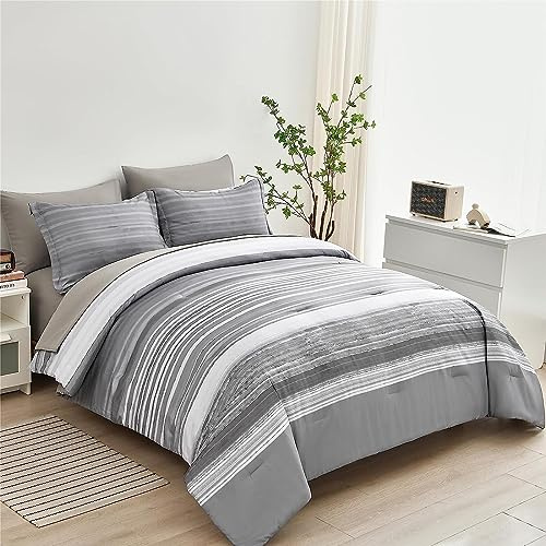KAKIJUMN 5 Piece Bed in a Bag Stripe Comforter Set Twin Size, White Grey Patchwork Striped Comforter and Sheet Set, All Season Soft Microfiber Complete Bedding Set(Light Grey,Twin)