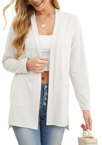 PrinStory Cardigans For Women Lightweight Long Sleeve Ladies Cardigans With Pocketcausal Open Front V Neck Outerwear UK 6-8 (White, S)