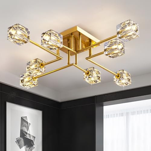 JUJUQI Modern Kistall Halbbündig Deckenleuchte Wohnzimmer,8-Lichter Gold Kristall Kronleuchter, halbbündiger Kristall-Kronleuchter,Luxus Deckenleuchte für Schlafzimmer Esszimmer