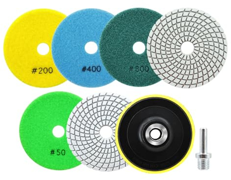 SANLEETEK Almohadillas de Pulido Diamante - 6piezas 100mm Disco Diamante Pulir Grano 50/100/200/400/800/1500 con M14 Plato Apoyo+Adaptador para Granito Mármol Piedra Artificial Cuarzo