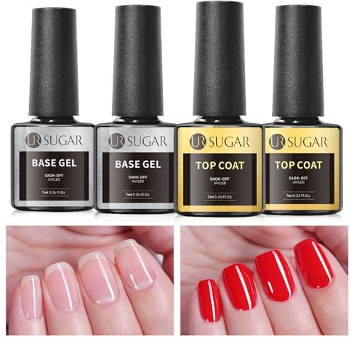 UR SUGAR Base Coat Top Coat Gel UV Set, 4 Stück Top Coat Nagellack Base Coat für Gelnägel, No Wipe Unterlack und Glanz Überlack Nägel Gellack für Starter Maniküre Nagelstudio DIY Home 7ml