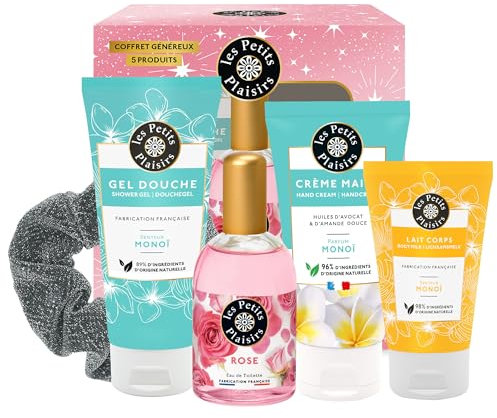 Les Petits Plaisirs - Coffret parfum Rose, Eau de toilette femme, Gel Douche, Crème Mains, Lait corps, Coffret cadeau femme, Made in France, 5 produits
