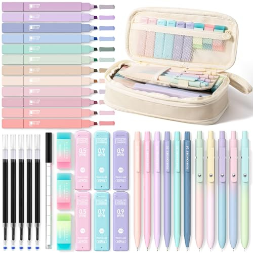 Four Candies 39 PCS Aesthetic School Supplies with Cute Pen Case, 12 Pastel Highlighters, 5 Black Ink Gel Pens, 6 Mechanical Pencils Set for Students Stationary College Essentials (Cream)