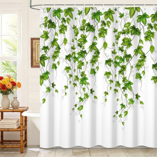 Kzzfqxb Tende da doccia 152x183cm con ganci in plastica, sfondo bianco motivo viti pendenti foglie verdi piante rampicanti edera, impermeabile occlusa per vasca, tessuto in poliestere per bagno