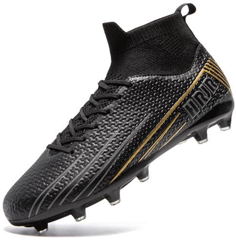 HRJR Men's Soccer Cleats Football Cleats for Unisex-Adult High-Top Spikes Shoes for Youth Lightweight Professional Training Turf Outdoor Athletic Sneaker Big Boys Black 6.5