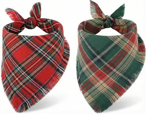 2 Pack Tartan Dog Bandana, Classic Plaid Fringed Kerchief – Lightweight, Perfect for any weather, 100% Cotton Dog Accessories for Small & Medium Dogs (Red & Green Set)