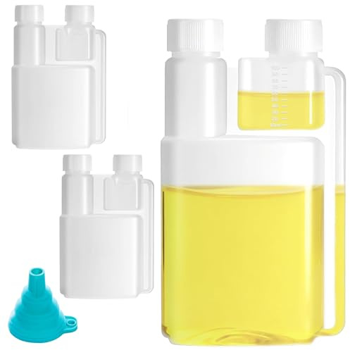 3 stycken dubbelhals doseringsflaskor av PEHD, flytande flaskor 1 x 1 liter ofylld med 100 ml doseringskammare 2 x 100 ml med doseringskammare 5 ml doseringsflaska med silikontratt oljemätkopp för