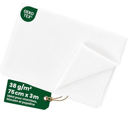 Thermocollant Couture Tissu 75 x 300 cm Entoilage LÉGER 38 g/m² - Entoilage Fusible Non Tissé - Idéal pour Chemises, Blouses, Tissus Légers, Mercerie (blanc)
