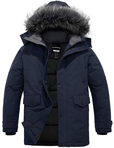 CHIN·MOON Homme Veste Matelassée d'hiver en Coton Veste d'extérieur Résistante à l'eau Manteau Chaud à Capuche Fausse Fourrure Parka Coupe-Vent Puffer Blouson Bleu XL
