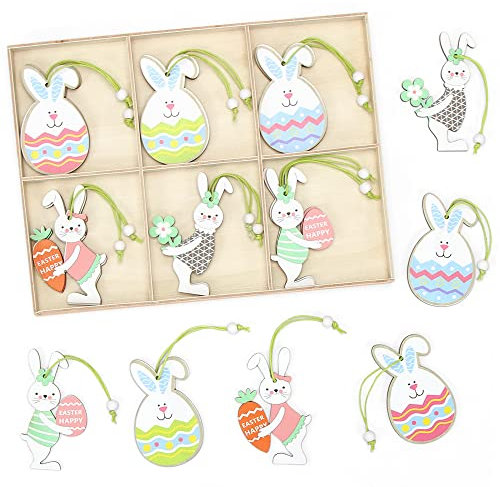 Bluelves Ciondoli Pasquali in Legno, 18pcs Coniglio Pasquale Decorazioni Legno, Coniglio Pasquale da Appendere, Addobbi Pasquali Ciondolo in Legno per Pasqua Decorazioni casa