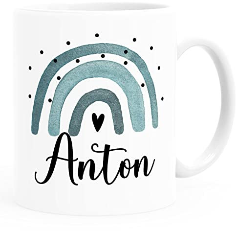 SpecialMe® Kinder-Tasse Regenbogen Rainbow Boho personalisierte Namenstasse aus Keramik für Kinder Jungen Mädchen Jungs weiß/blau Keramik-Tasse