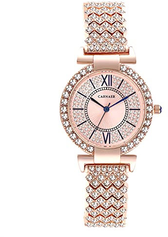 JewelryWe Uhren Damen Analog Quarz 30m wasserdichte Armbanduhr Elegant Luxus Glitzer Strass Römische Ziffern Zifferblatt Beiläufige Uhr Damenuhr mit Metall-Armband Rosegold