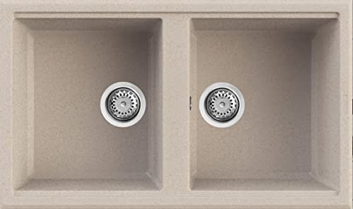 Evhoc Lavello Cucina Sopratop ADHOC M, 2 Vasche, Lavandino Doppia Vasca in Kuarzite, Piletta Inclusa, Made in Italy, Avena, 86x51 cm