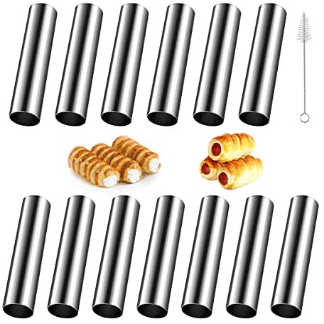 15 Pezzi Stampi per Cannoli e Croissant Cremosi - Set di Cilindri Antiaderenti in Acciaio Inossidabile con Spazzola - Per Panini Al Burro e Pane