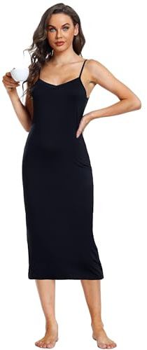 Sopesil Fond de Robes Longue Lingerie Femme Chemise de Nuit Modal Jupon sous Robe Bandoulière Réglable Elégant Sexy Fonds de Robe Femme, Noir,XL
