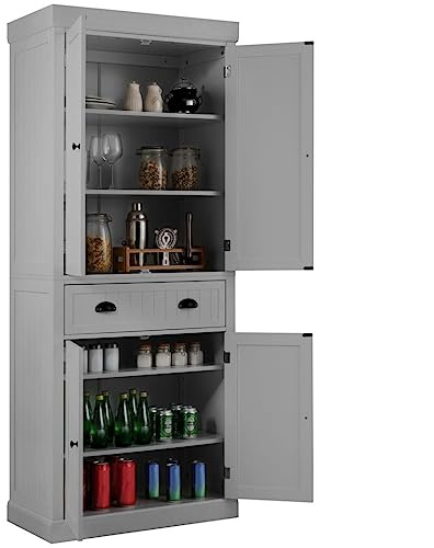 TANGZON Tall Kitchen Cupboard, 183cm 4-door Storage Cabinet with Drawer, Adjustable Shelves, Door Racks & Anti-tipping Device, Freestanding Wooden Sideboard Organiser (Grey, without Door Racks)