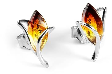 HENRYKA Sunset Amber Stud Earrings - 925 Solid Sterling Silver & Cognac Baltic Amber | Stunning Teardrop Shape | Lovely & Meaningful Gift for Her | 45 cm chain | Pair With Any Outfit | Hypoallergenic