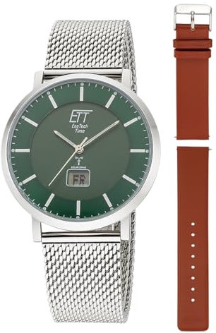 ETT Eco Tech Time Funk Solar Herren Uhr Analog mit digitalem Datum mit Edelstahl,Leder Armband EGS-11622-81MS
