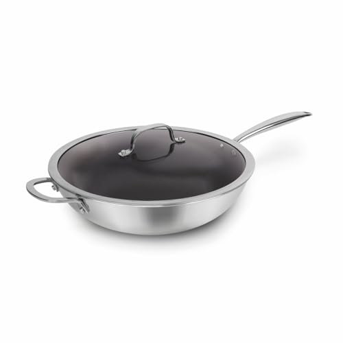 Qdesign - Wok Trois couches - en Acier Inoxydable avec Revêtement Antiadhésif - Fond à Induction - Cuisson Saine et Nettoyage Facile - 30 cm - Argenté