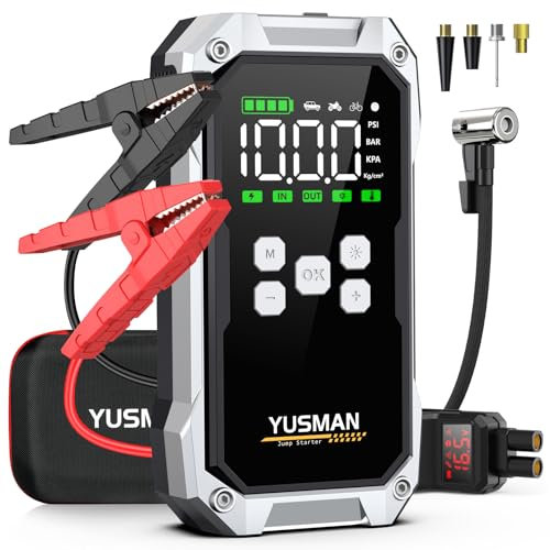 YUSMAN Arrancador de Baterias de Coche con Compresor de Aire, 12V 7000A Arrancador Coche Portatil con Inflador de 150 PSI (para All Gasolina o 10L Diesel), Linterna LED de Emergencia