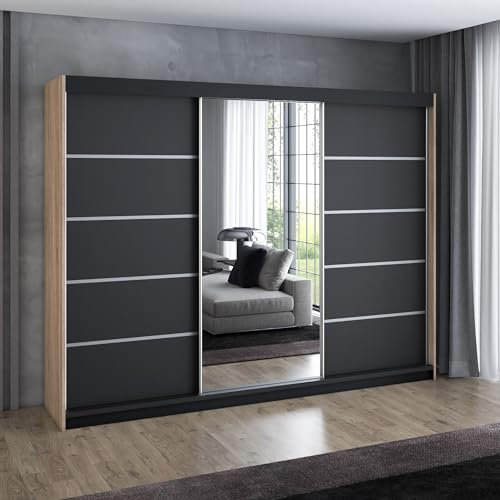 A&J MöbelLand Schwebetürenschrank VILANO 3 Kleiderschrank 3-türig 200 cm mit Spiegel, 4 Schubladen & 2 Kleiderstangen, Geräumiger Schlafzimmerschrank (Sonoma/schwarz)
