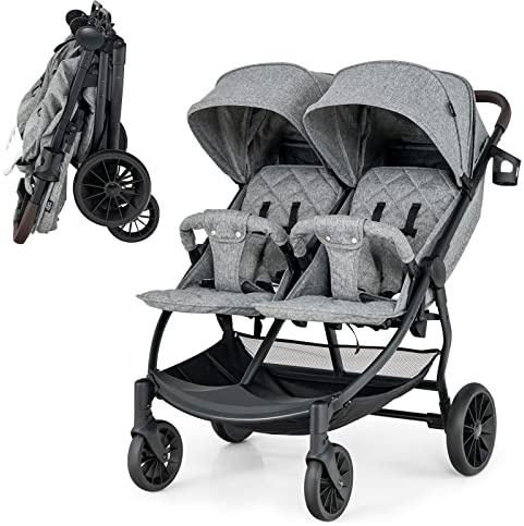 COSTWAY Carrito Gemelar Bebe, Silla de Paseo Gemelar hasta 22 kg, Doble Cochecito de Bebé Plegable, Cochecito Infantil con Reclinación Individual, Respaldo Ajustable, Reposapiés & Toldo (Gris Claro)
