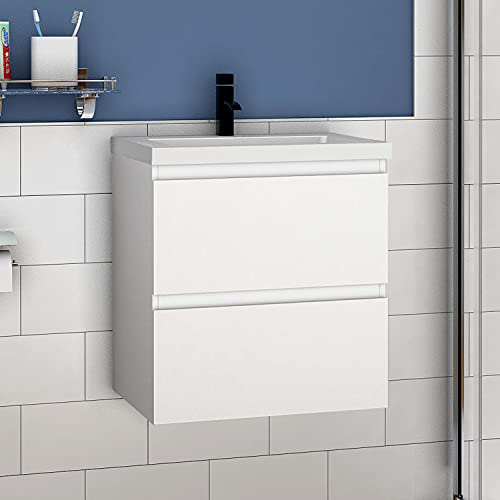 Acezanble 500mm Bathroom Vanity Unit With Wash Basin Ceramic Sink, 2 Drawers, High Gloss White, Wall Hung Cabinets, Cloakroom Storage Furniture Under Basin Cabinet