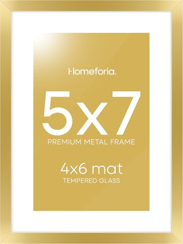 Homeforia 5x7 Gold Picture Frame, High-End Metal, 4x6 Mat, Glass