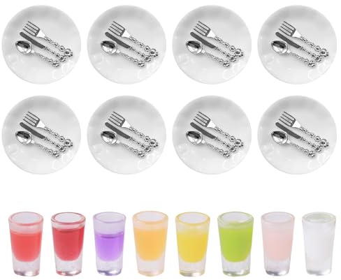 CVDYWDJIE 8 Ensembles De Modèles De Vaisselle Et 8 Tasses De Modèles De Jus, Vaisselle Miniature Simulée, Accessoires De Maison De Poupée, Mini Modèles De Nourriture, Jouets pour Enfants