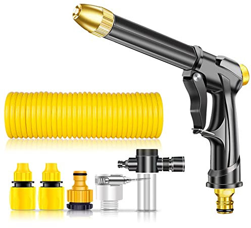 Pistolet de lavage haute pression avec tuyau d'arrosage à recul pour économiser de l'espace - Portable - Jet réglable - Pulvérisateur de lavage avec connecteur universel - Canon à mousse pour sol