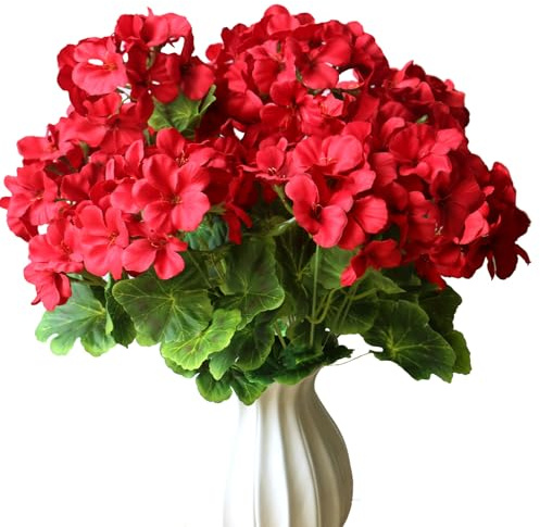 YXYQR 2 st konstgjorda blommor för inomhus- och utomhusdekorationer, UV-beständiga, röda falska pelargon silkesblomväxter, fuskgrönska, blomsterarrangemang för krukvas, veranda, uteplats, fönsterlåda